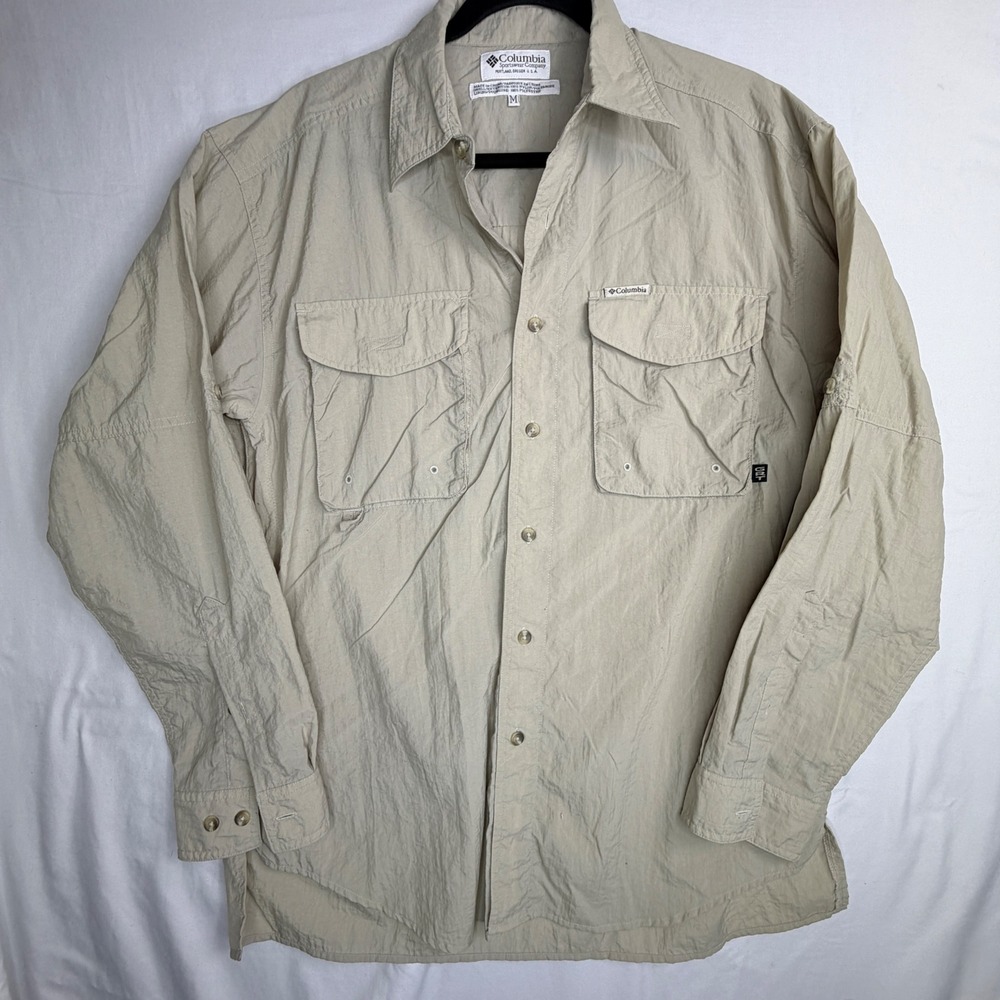 Columbia GRT Shirt Mens Medium Tan Long Sleeve Nylon Hiking Fishing Button Up